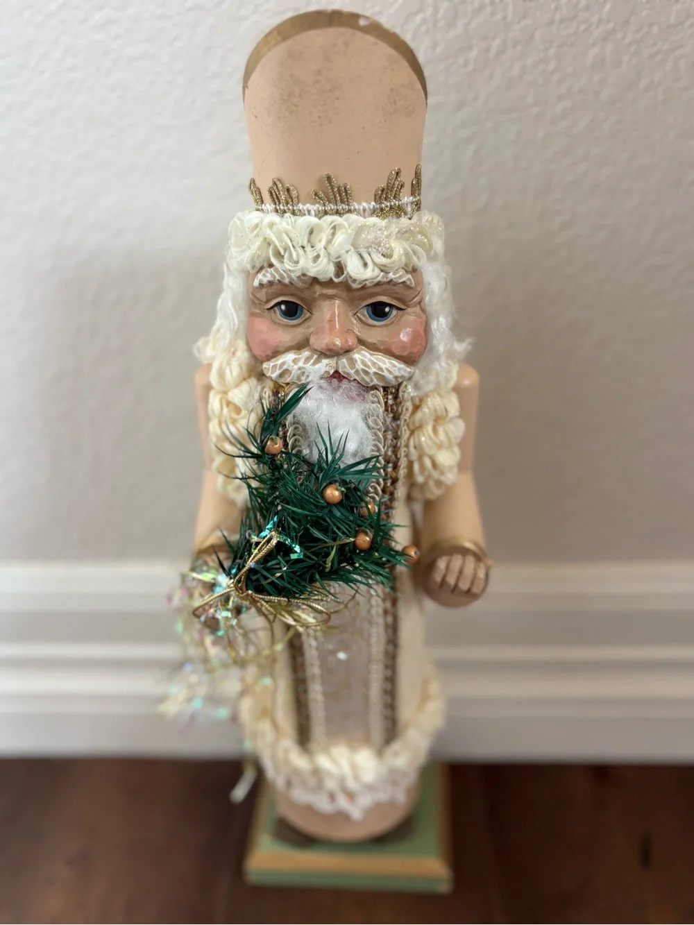 Vintage Wooden Santa Claus Nutcracker Figurine White Gold Elegant Holiday Decor
